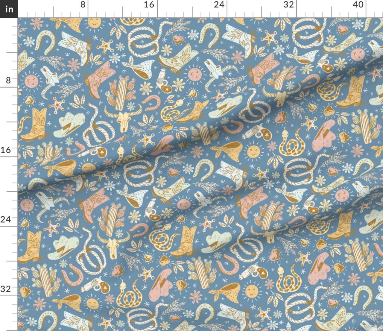 Blue Cowboy Pastel Rustic Country Western Style Down Home Cowgirl Custom Printed Fabric by Spoonflower Various Fabrics by the Yard or Fat Quarter